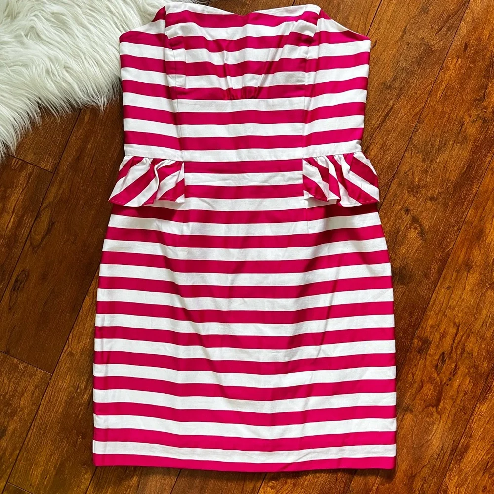 Lilly Pulitzer Maybell Azalea Pink Swizzle Stripe Peplum Strapless Dress-Size 6 - Picture 2 of 14